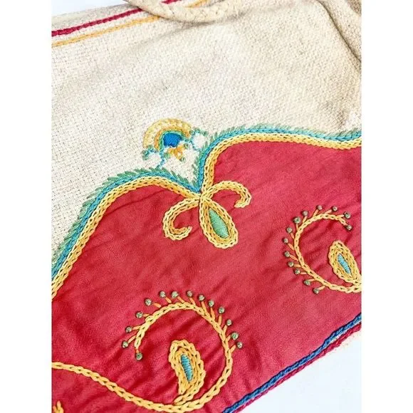 Vtg Bohemian Burlap Embroidered Tote Bag w/ Rope - Picture 4 of 5